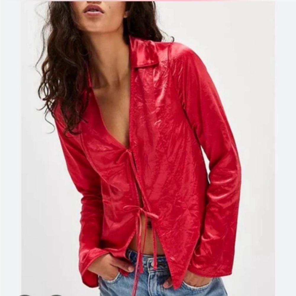 Free People Star Eyes Crinkle Satin Top in the color Retro Red